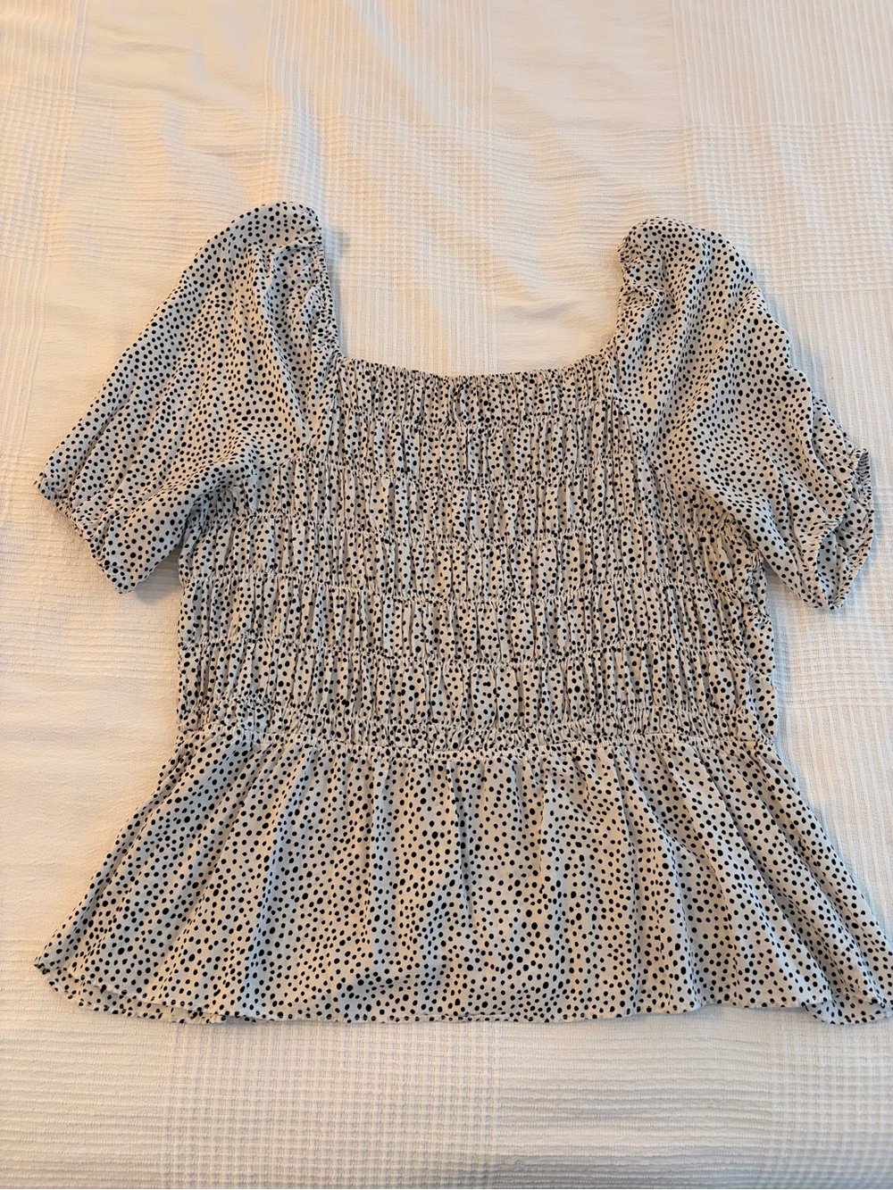 Addition Elle White and Black Smocked Polka Dot Peplum Top
